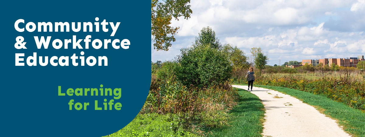 Woman walking on a nature trail path surrounded by greenery. The College of Lake County building is visible in the distance, below a blue sky with white clouds. There is a dark blue text box with the heading 'Community' 
